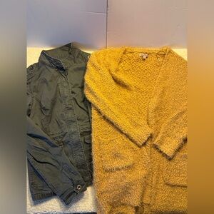 Aeropostale Blue Army Style Jacket. Gold Cardigan. Bundle. Size Large.